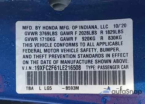 2020 Honda Civic Lx from USA, damaged, VIN 19XFC2F61LE216508